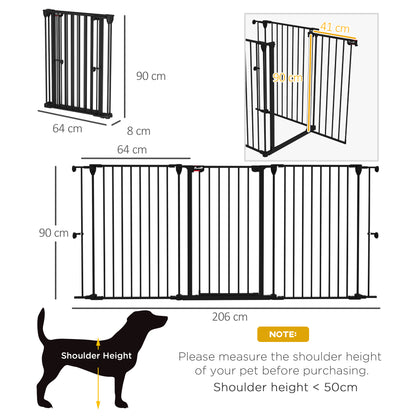 Steel Dog Barrier 206x90 cm Pet Fence 3-Panel Foldable Gate with Double Lock and Auxiliary Locking Function for Doorway Hallway Stairway Black