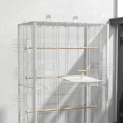 Bird Cage 61x36.5x98 cm Aviary with Doors Perches Removable Tray Food Bowls and Handles Cage for Budgies Parrots Finches Canaries White