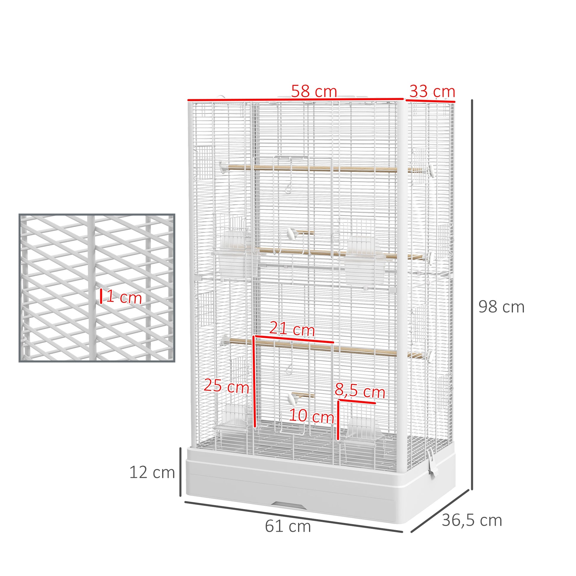 Bird Cage 61x36.5x98 cm Aviary with Doors Perches Removable Tray Food Bowls and Handles Cage for Budgies Parrots Finches Canaries White