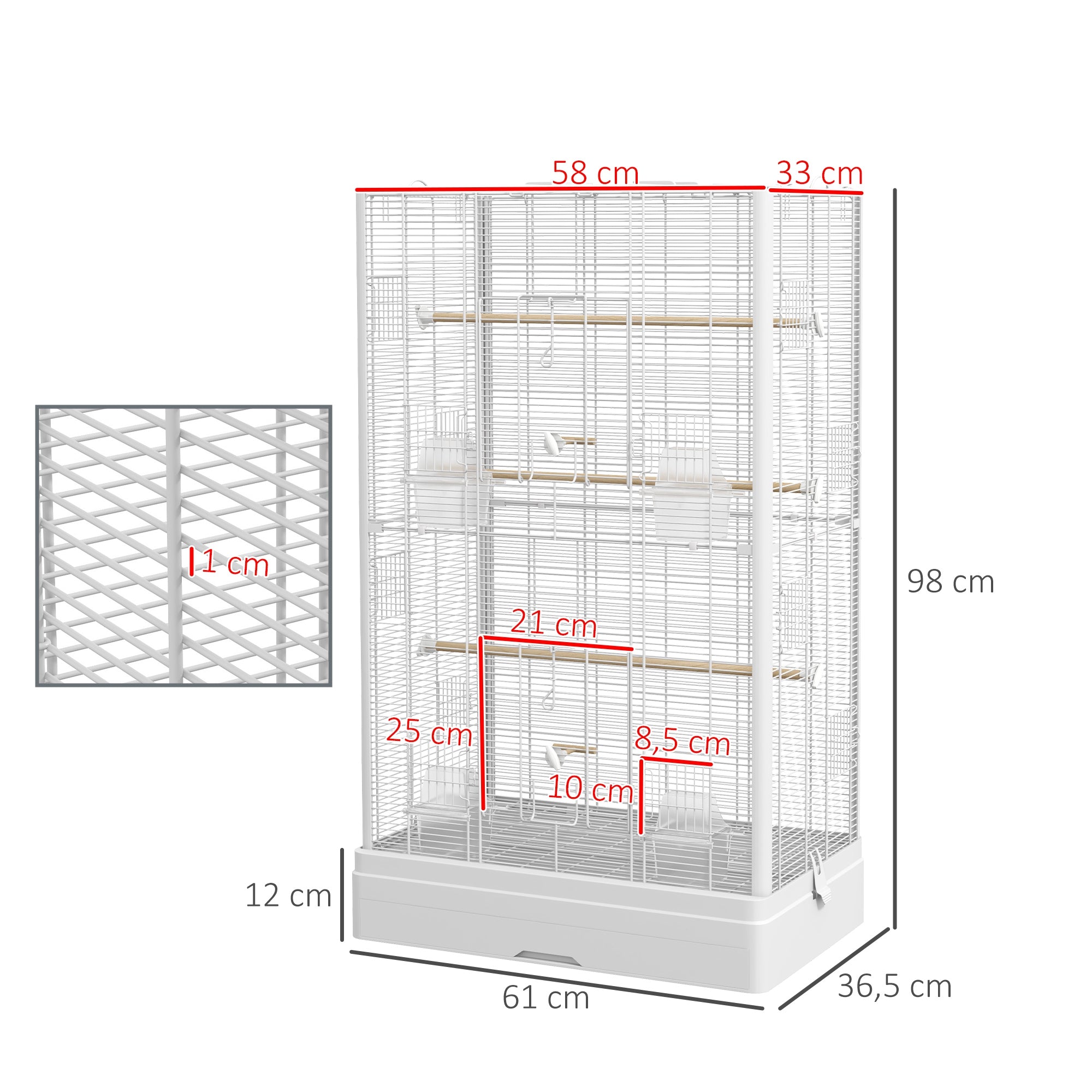 Bird Cage 61x36.5x98 cm Aviary with Doors Perches Removable Tray Food Bowls and Handles Cage for Budgies Parrots Finches Canaries White