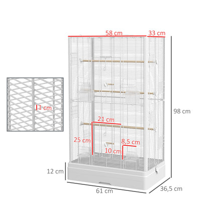 Bird Cage 61x36.5x98 cm Aviary with Doors Perches Removable Tray Food Bowls and Handles Cage for Budgies Parrots Finches Canaries White