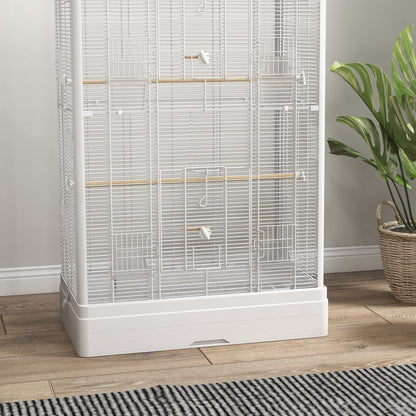 Bird Cage 61x36.5x98 cm Aviary with Doors Perches Removable Tray Food Bowls and Handles Cage for Budgies Parrots Finches Canaries White