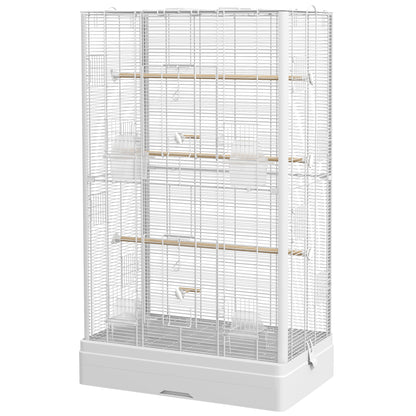 Bird Cage 61x36.5x98 cm Aviary with Doors Perches Removable Tray Food Bowls and Handles Cage for Budgies Parrots Finches Canaries White
