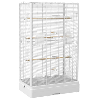 Bird Cage 61x36.5x98 cm Aviary with Doors Perches Removable Tray Food Bowls and Handles Cage for Budgies Parrots Finches Canaries White