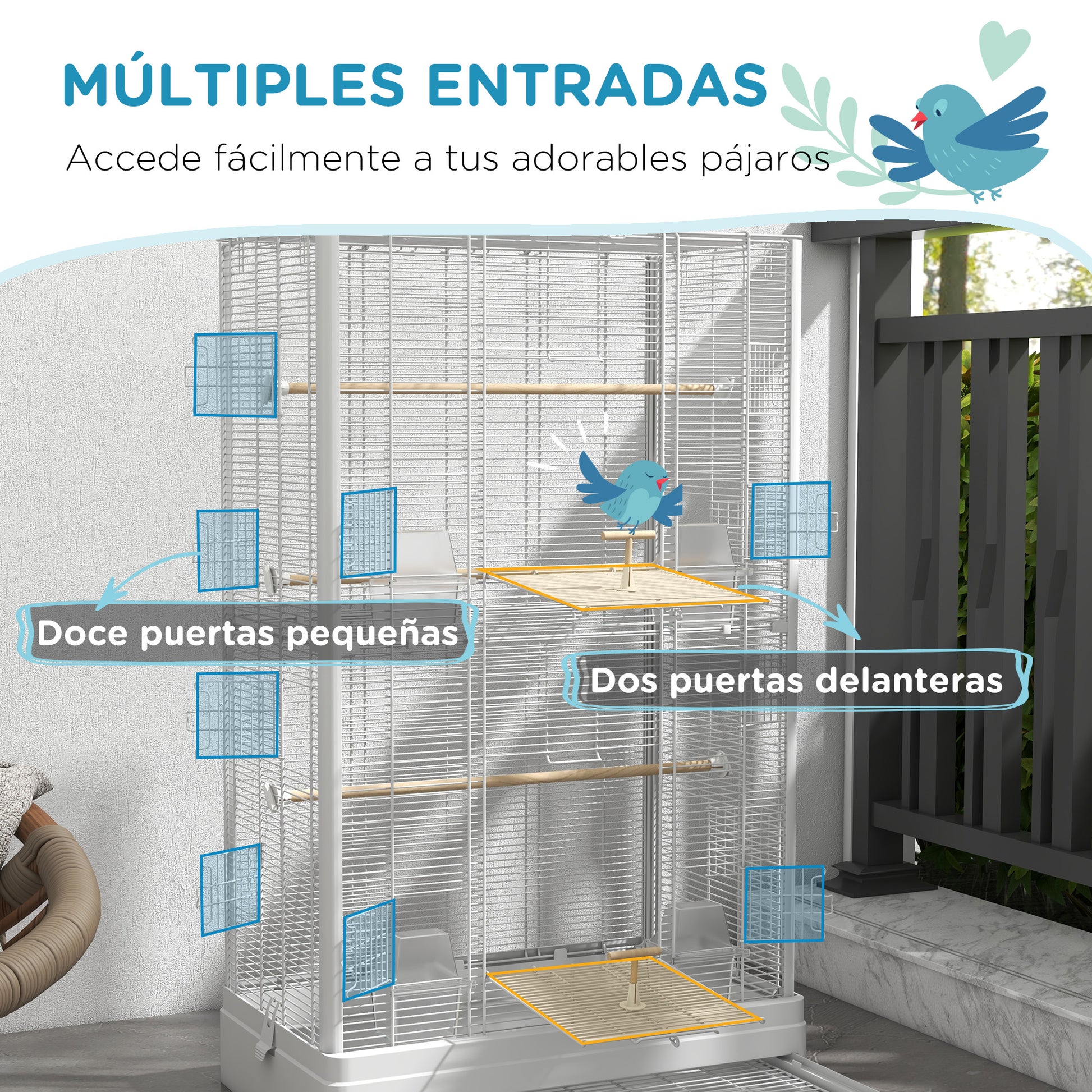 Bird Cage 61x36.5x98 cm Aviary with Doors Perches Removable Tray Food Bowls and Handles Cage for Budgies Parrots Finches Canaries White