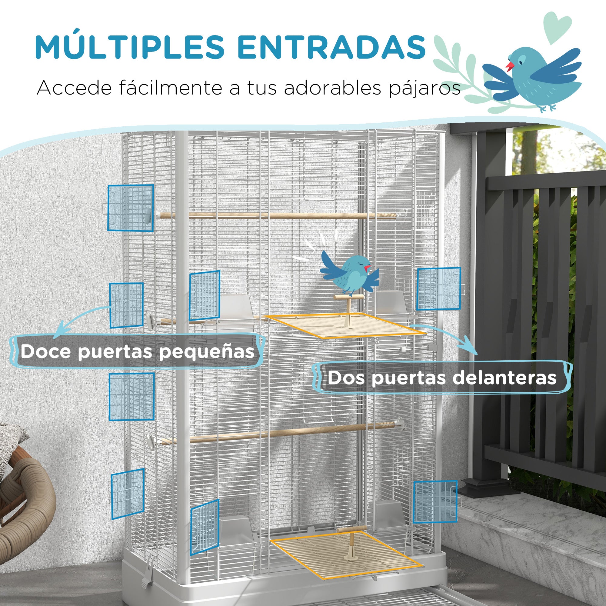 Bird Cage 61x36.5x98 cm Aviary with Doors Perches Removable Tray Food Bowls and Handles Cage for Budgies Parrots Finches Canaries White