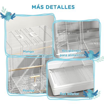 Bird Cage 61x36.5x98 cm Aviary with Doors Perches Removable Tray Food Bowls and Handles Cage for Budgies Parrots Finches Canaries White