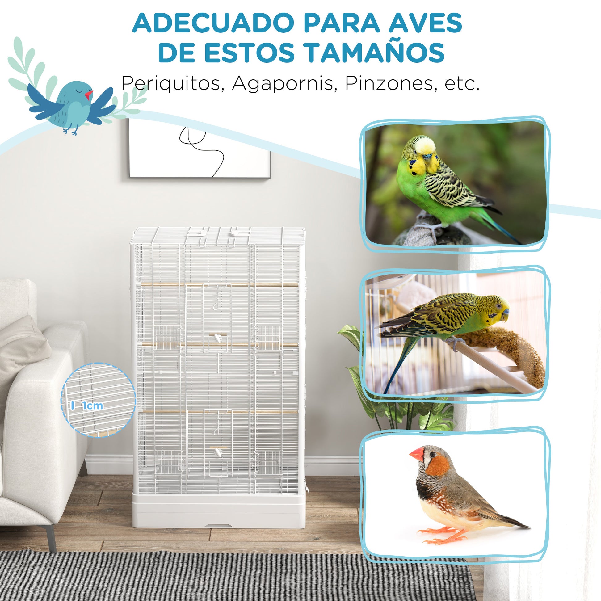 Bird Cage 61x36.5x98 cm Aviary with Doors Perches Removable Tray Food Bowls and Handles Cage for Budgies Parrots Finches Canaries White