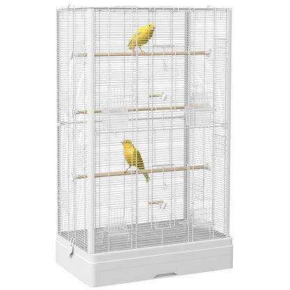 Bird Cage 61x36.5x98 cm Aviary with Doors Perches Removable Tray Food Bowls and Handles Cage for Budgies Parrots Finches Canaries White