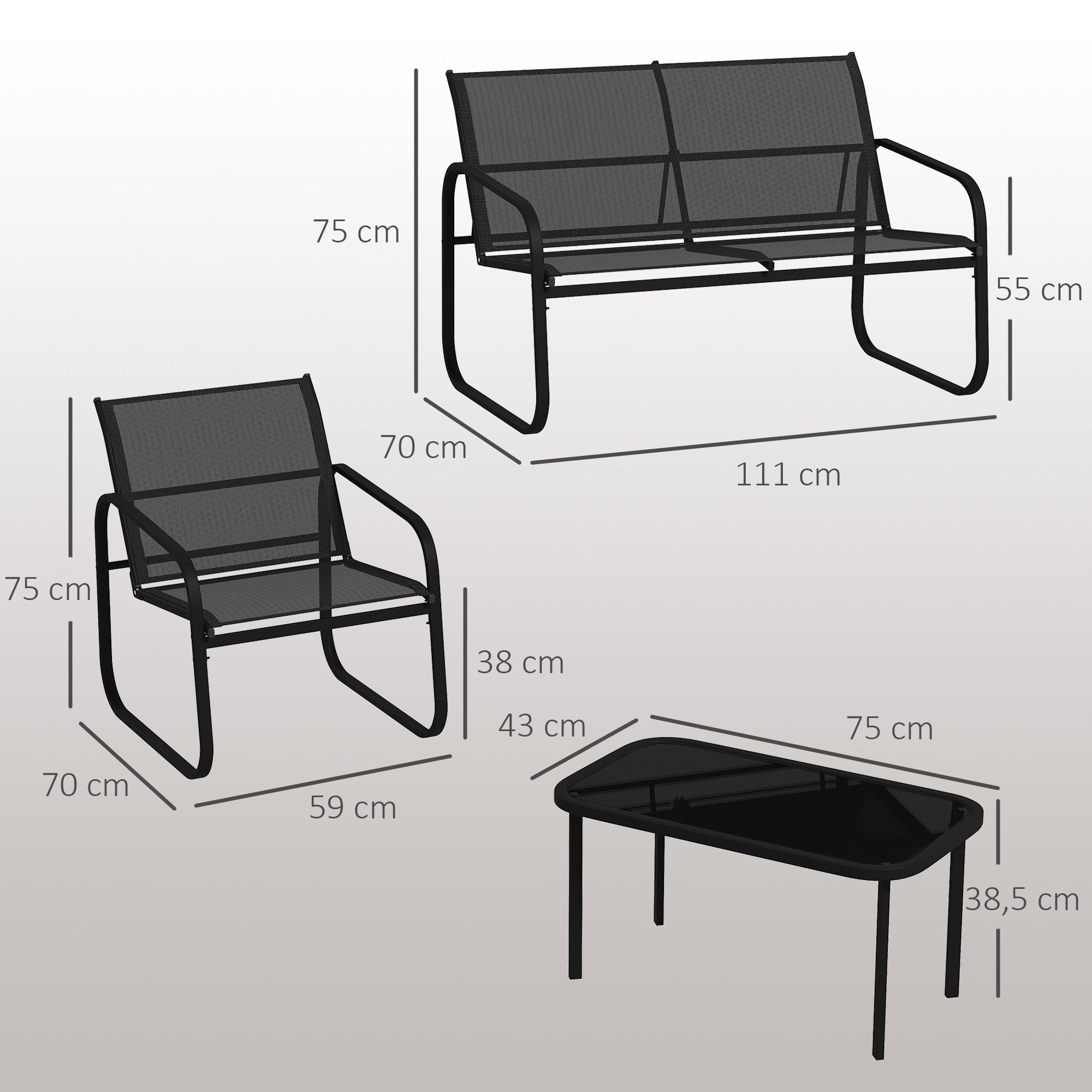 5-Piece Outdoor Garden Set in Steel and Textilene with 2 Two-Seater Sofas, 2 Armchairs, and Tempered Glass Coffee Table, Patio Garden Furniture Terrace, Grey
