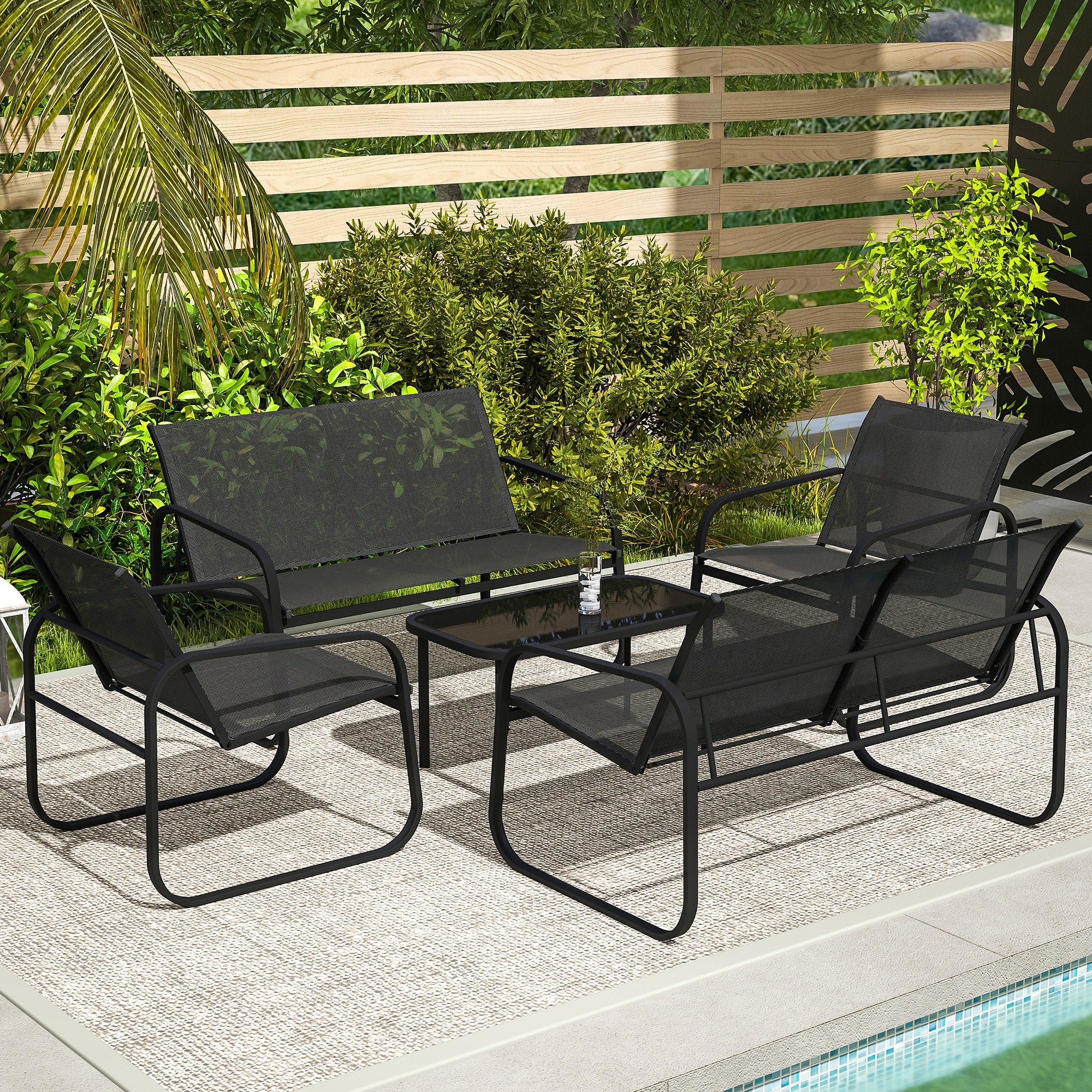 5-Piece Outdoor Garden Set in Steel and Textilene with 2 Two-Seater Sofas, 2 Armchairs, and Tempered Glass Coffee Table, Patio Garden Furniture Terrace, Grey