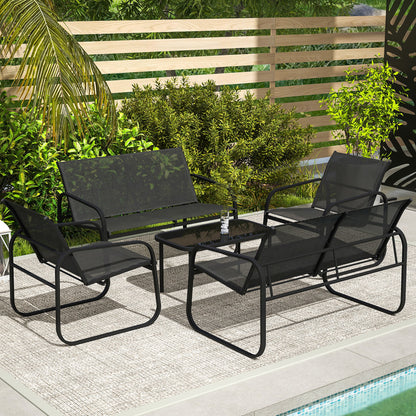 5-Piece Outdoor Garden Set in Steel and Textilene with 2 Two-Seater Sofas, 2 Armchairs, and Tempered Glass Coffee Table, Patio Garden Furniture Terrace, Grey