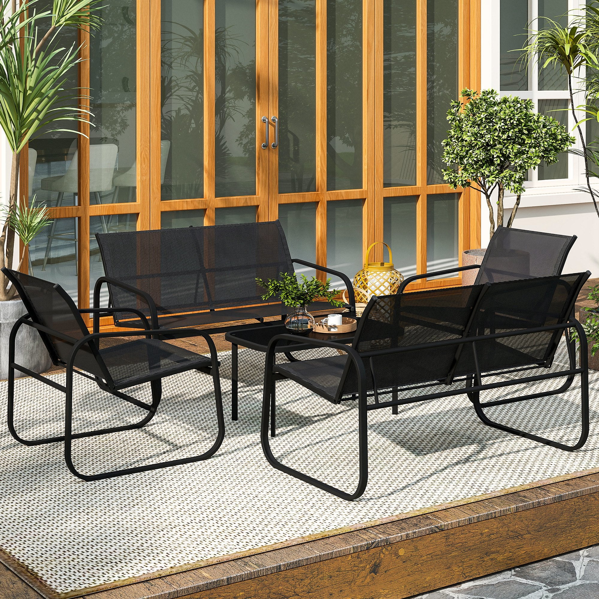 5-Piece Outdoor Garden Set in Steel and Textilene with 2 Two-Seater Sofas, 2 Armchairs, and Tempered Glass Coffee Table, Patio Garden Furniture Terrace, Grey