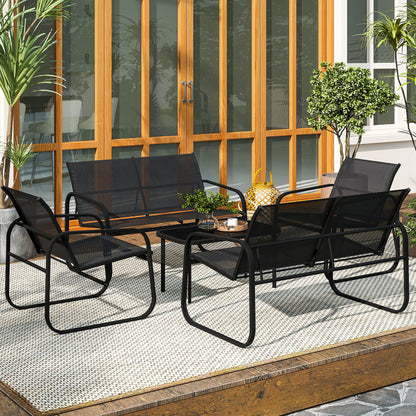 5-Piece Outdoor Garden Set in Steel and Textilene with 2 Two-Seater Sofas, 2 Armchairs, and Tempered Glass Coffee Table, Patio Garden Furniture Terrace, Grey