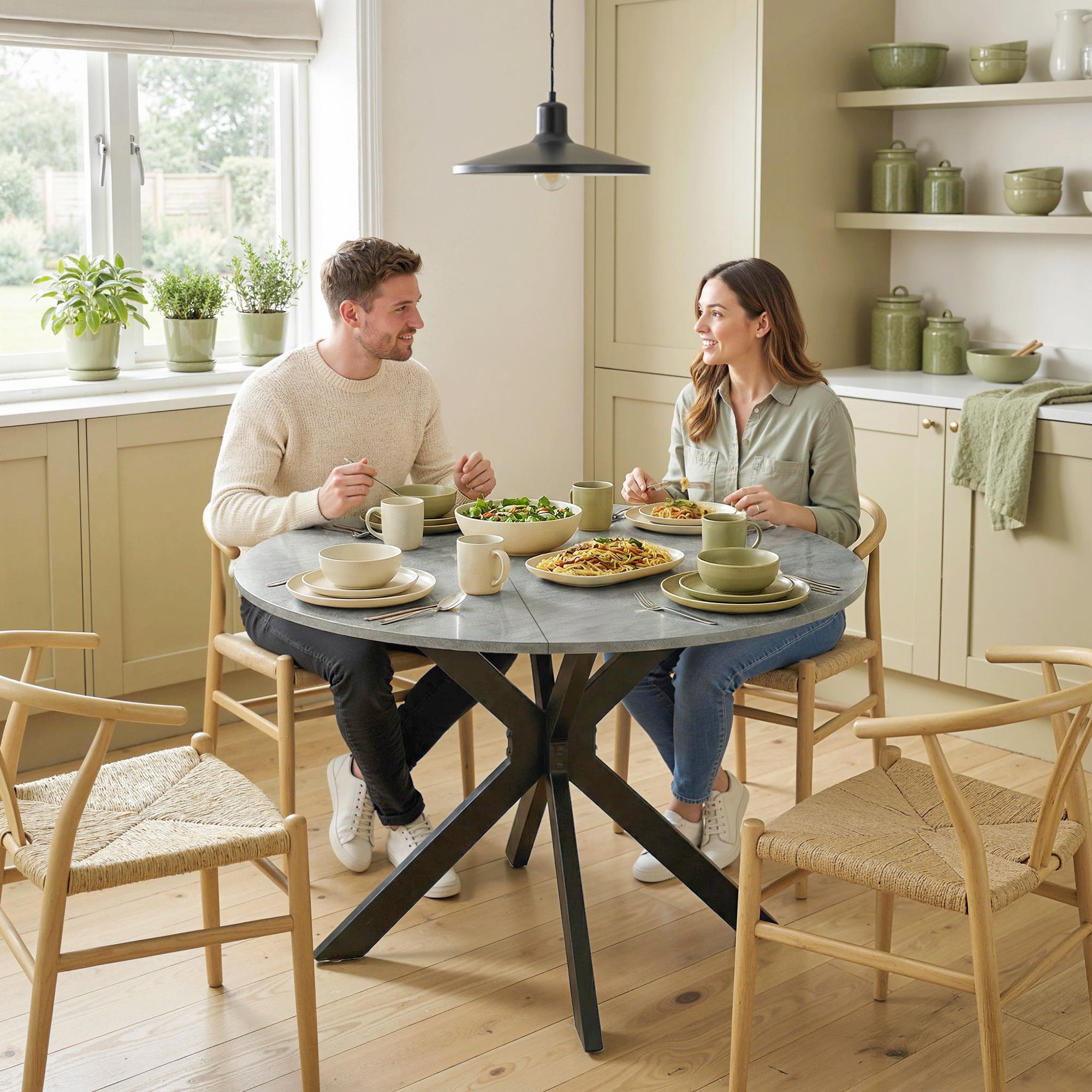 Round Folding Dining Table, Seats 2–6, Steel Spider-Leg Folding Table for Small Spaces, Dining Room, Kitchen, 43.3 x 43.3 x 29.9 in, Cement Gray
