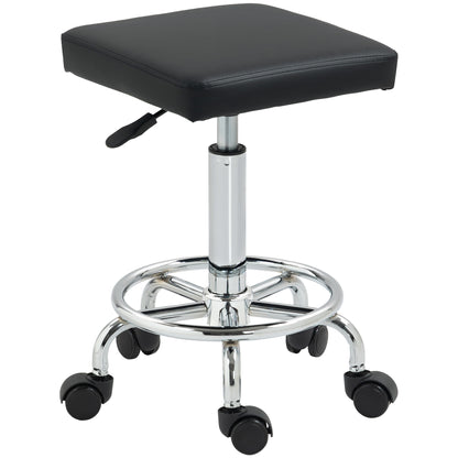 Swivel Stool with Wheels Adjustable Height 50-66 cm Padded Faux Leather Seat Footrest for Living Rooms and Workshops Black