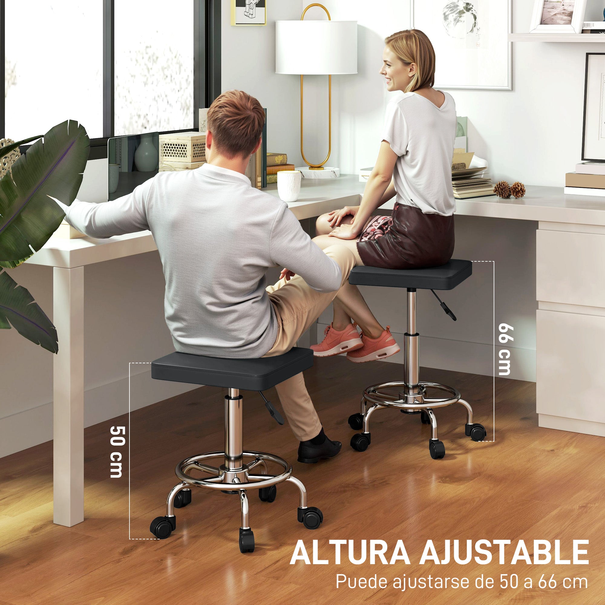 Swivel Stool with Wheels Adjustable Height 50-66 cm Padded Faux Leather Seat Footrest for Living Rooms and Workshops Black