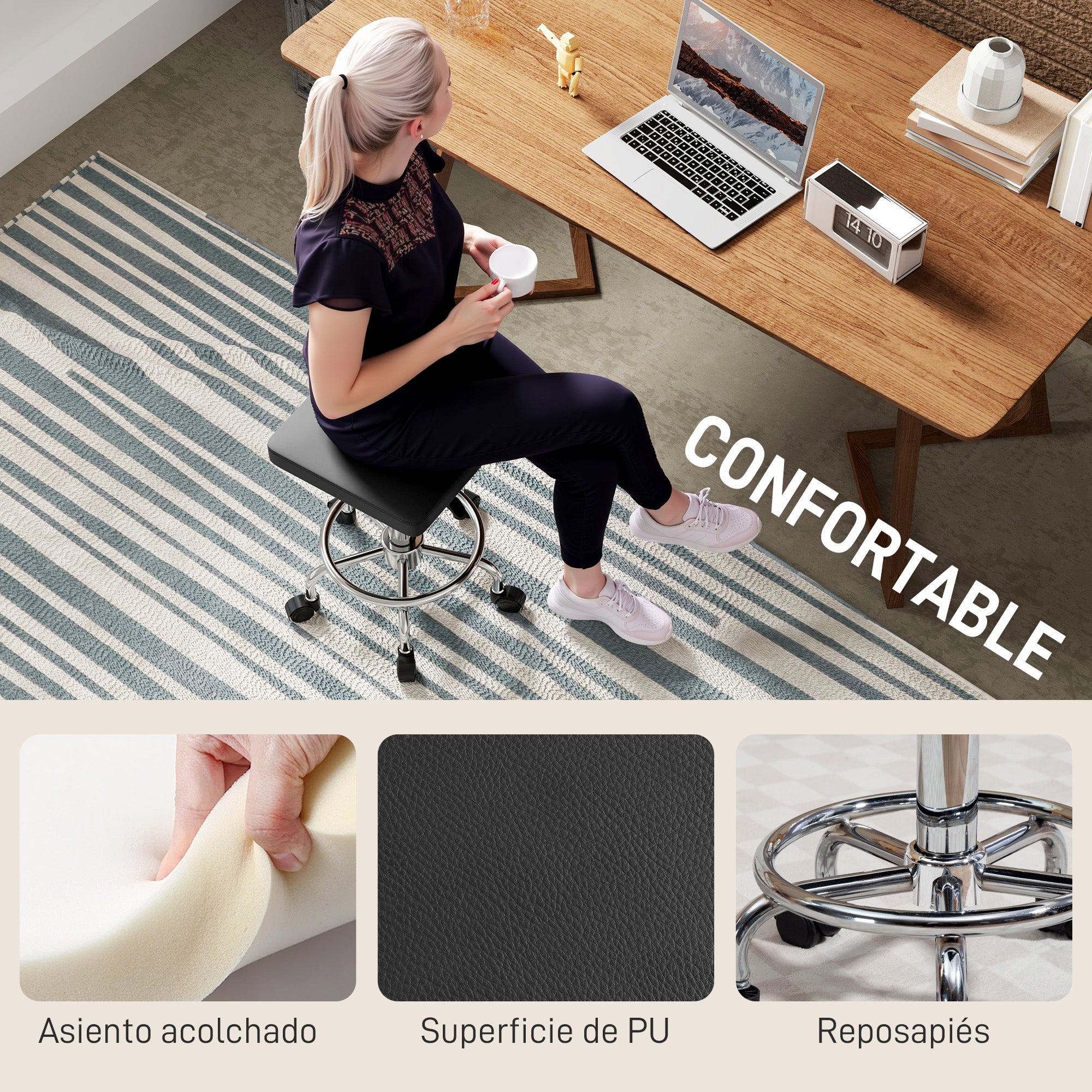 Swivel Stool with Wheels Adjustable Height 50-66 cm Padded Faux Leather Seat Footrest for Living Rooms and Workshops Black