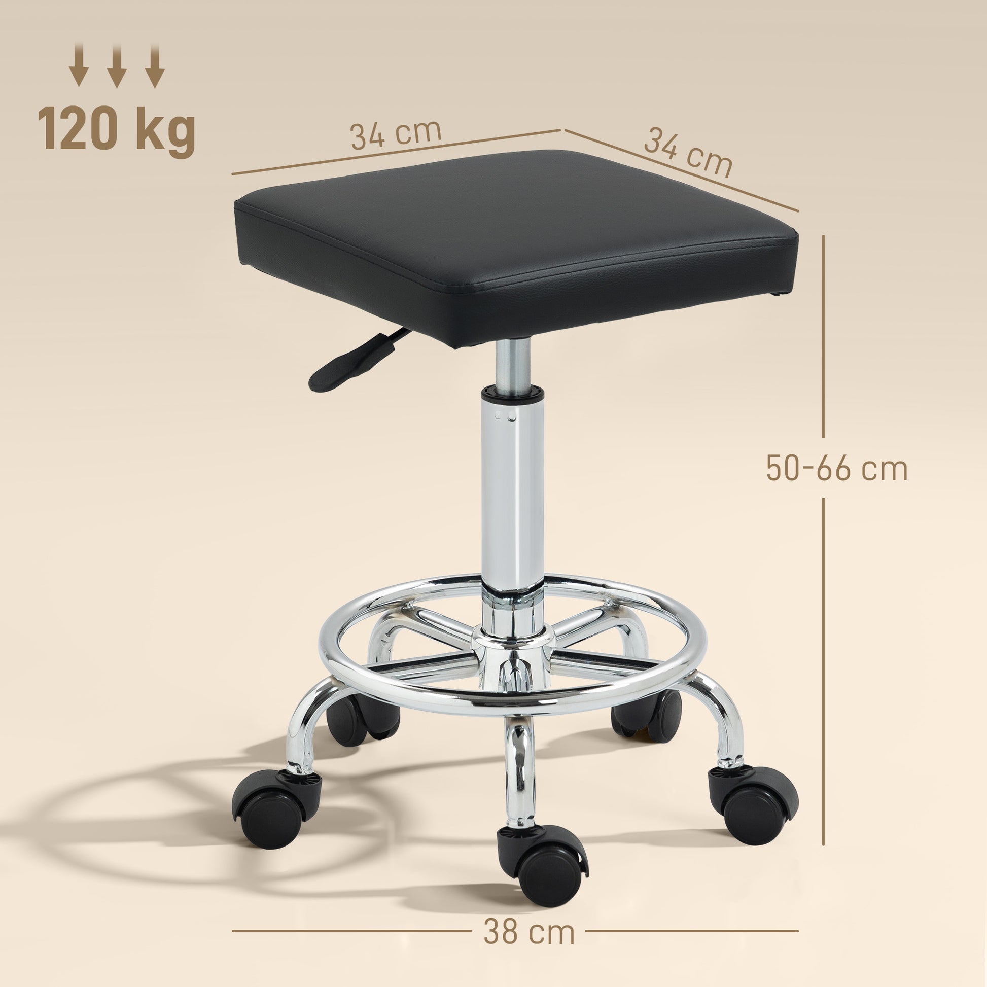 Swivel Stool with Wheels Adjustable Height 50-66 cm Padded Faux Leather Seat Footrest for Living Rooms and Workshops Black