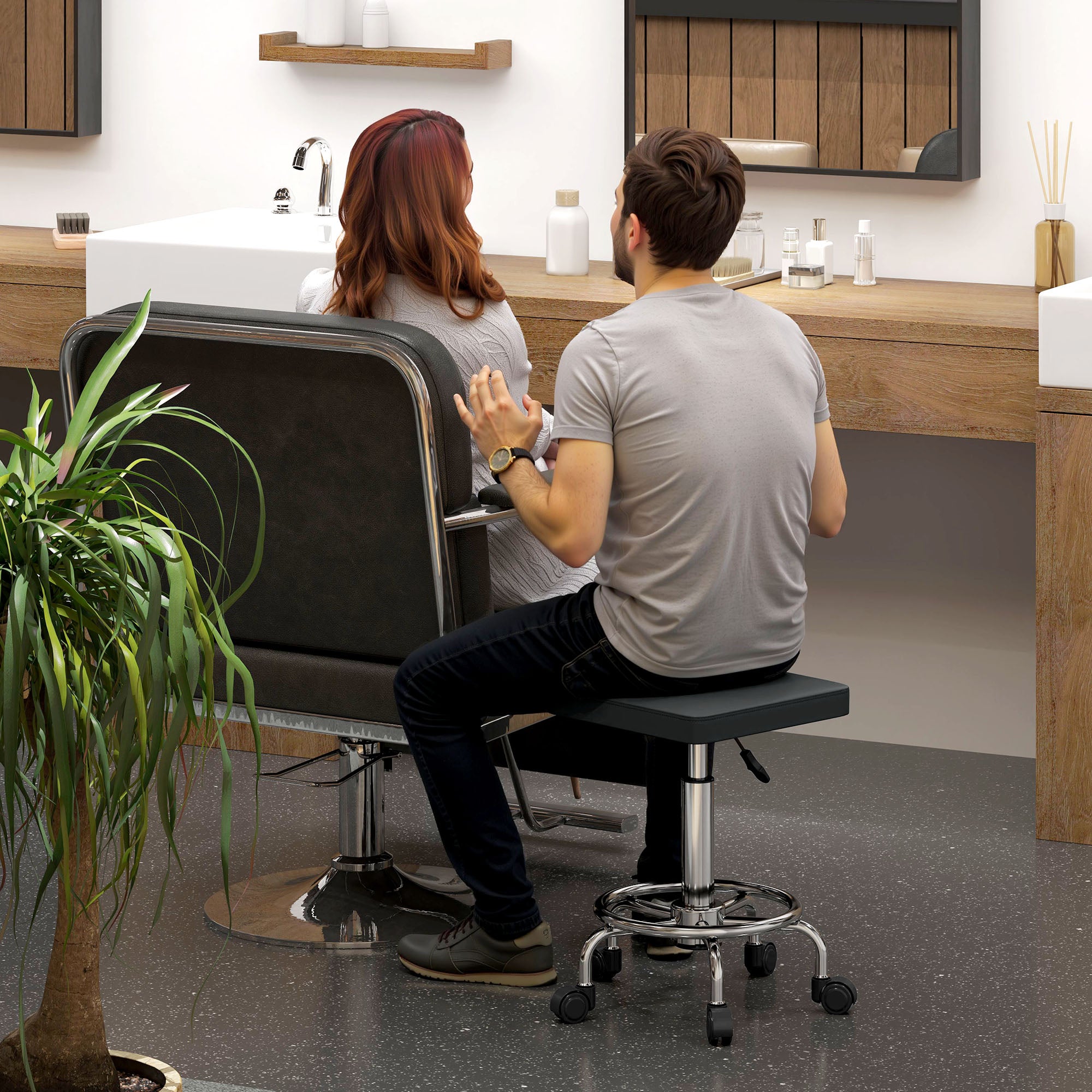 Swivel Stool with Wheels Adjustable Height 50-66 cm Padded Faux Leather Seat Footrest for Living Rooms and Workshops Black