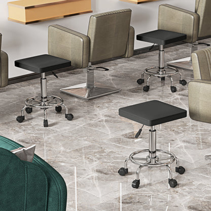 Swivel Stool with Wheels Adjustable Height 50-66 cm Padded Faux Leather Seat Footrest for Living Rooms and Workshops Black