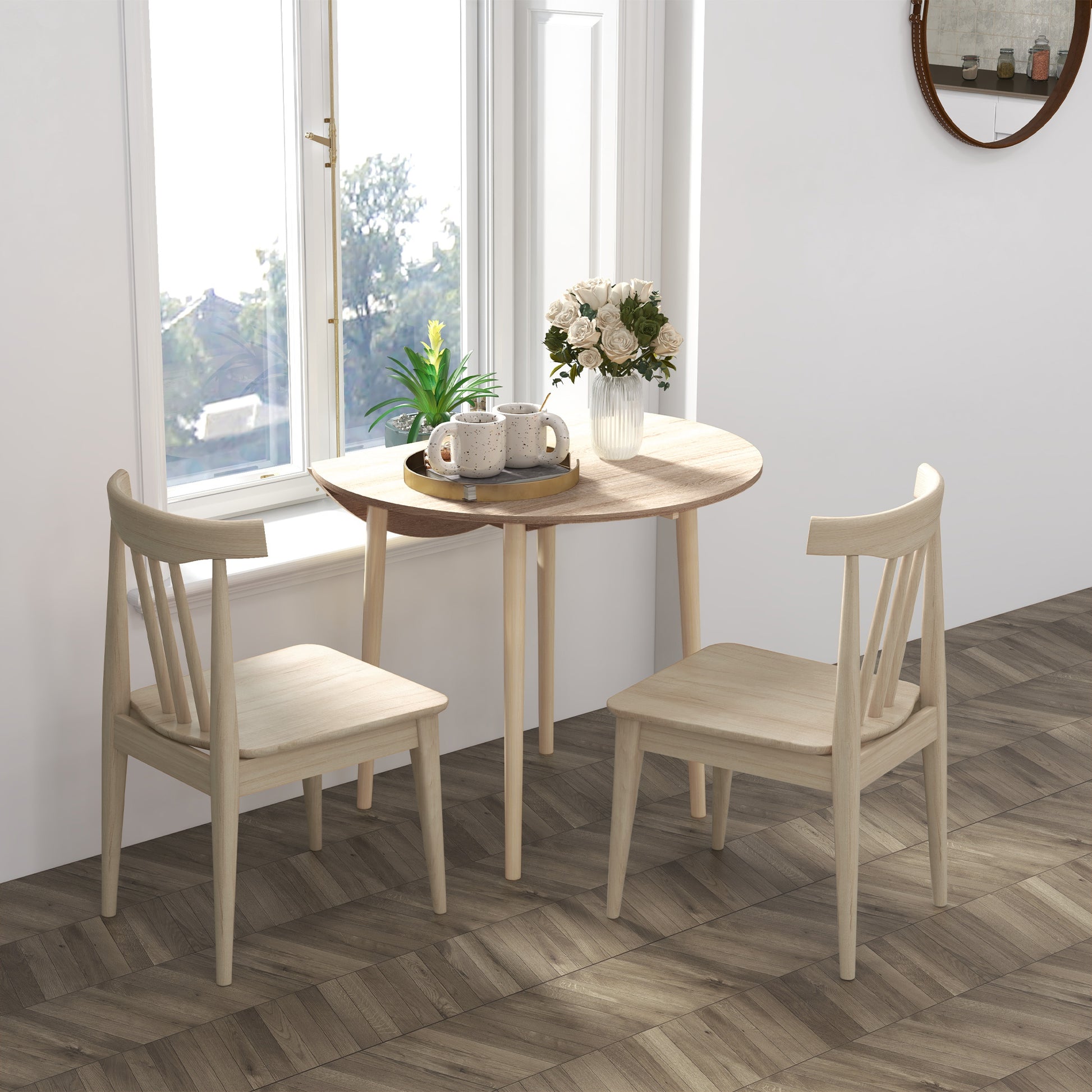 Folding kitchen dining table with 2 drop leaves - extendable round table - space-saving with wooden legs Ø89 x 73.5H cm