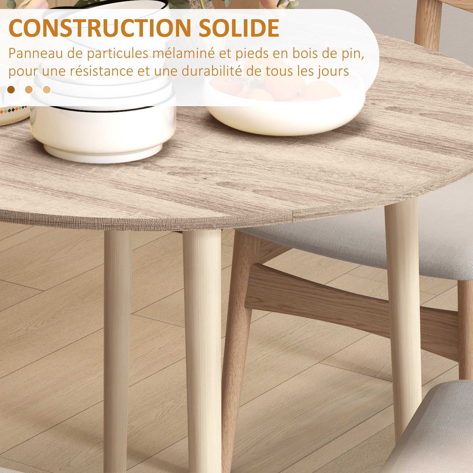 Folding kitchen dining table with 2 drop leaves - extendable round table - space-saving with wooden legs Ø89 x 73.5H cm