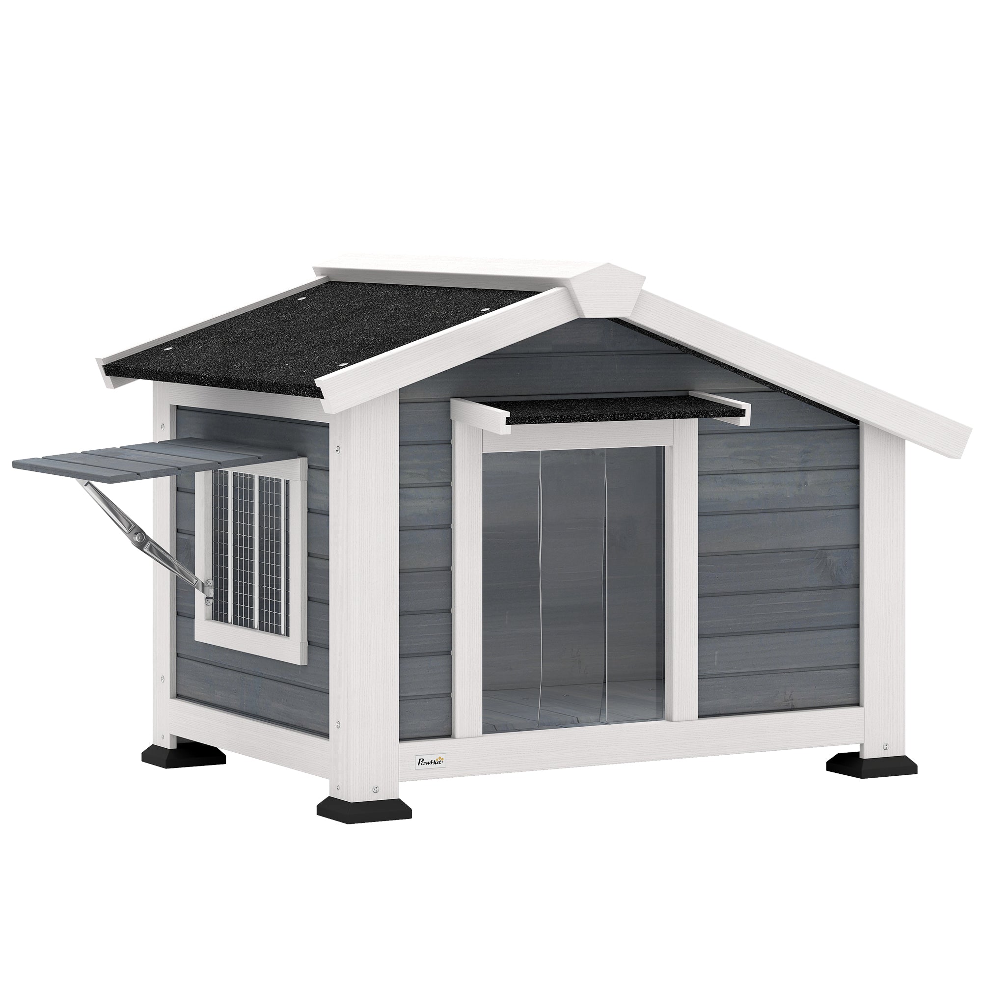 Weatherproof Wooden Dog House with Removable Floor, Asphalt Roof & Opening Window, 38.6" x 29.9" x 27.4" – Gray