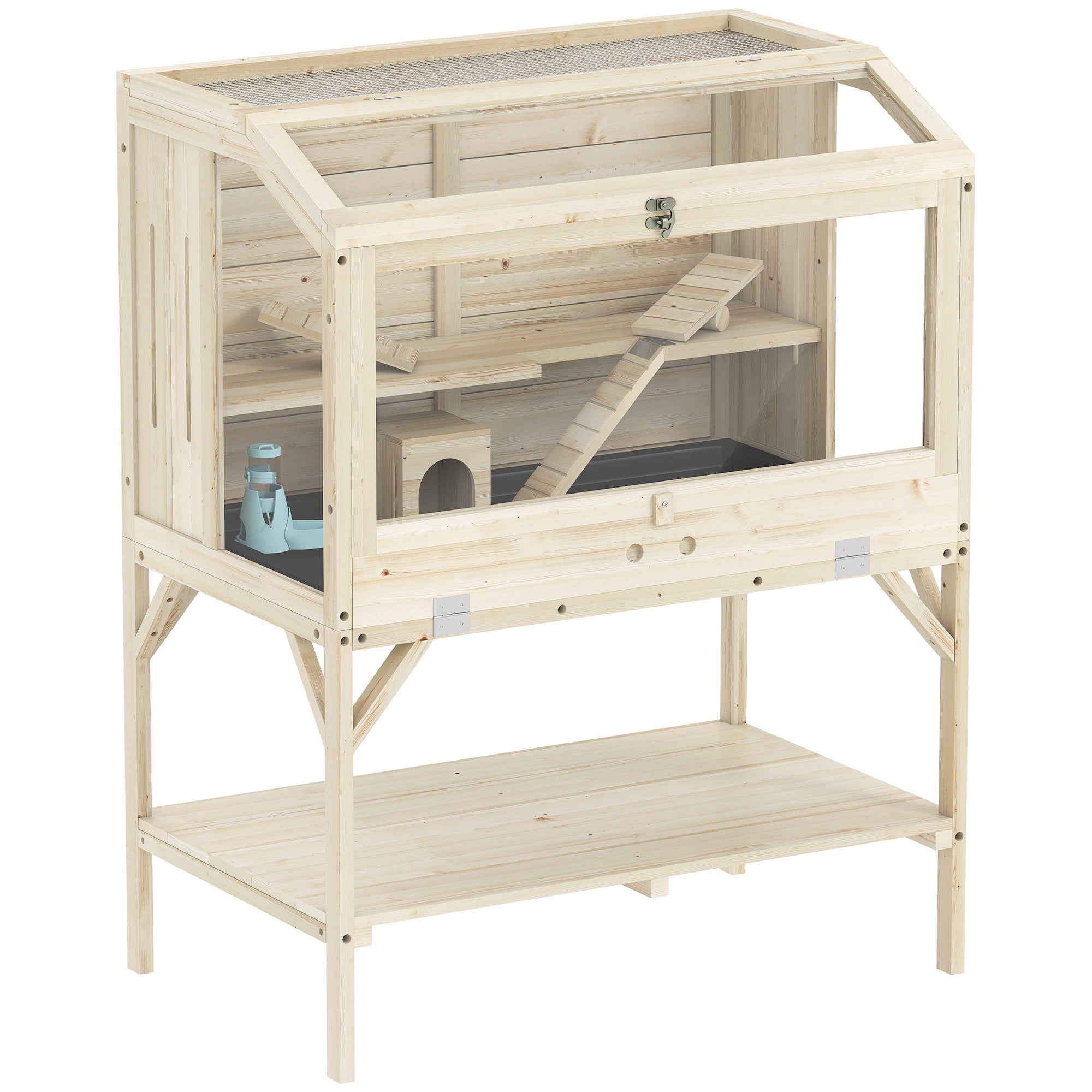 2-Tier Wooden Hamster Cage with Storage Compartment, Top-Opening Lid, Tray, Seesaws, Ramp, Gnaw-Proof Panels, Wheel & Hideout — 84 x 53 x 110 cm (33.1 x 20.9 x 43.3 in), Natural