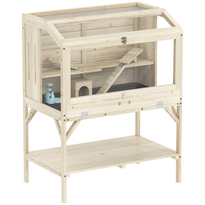 2-Tier Wooden Hamster Cage with Storage Compartment, Top-Opening Lid, Tray, Seesaws, Ramp, Gnaw-Proof Panels, Wheel & Hideout — 84 x 53 x 110 cm (33.1 x 20.9 x 43.3 in), Natural
