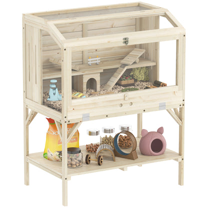 2-Tier Wooden Hamster Cage with Storage Compartment, Top-Opening Lid, Tray, Seesaws, Ramp, Gnaw-Proof Panels, Wheel & Hideout — 84 x 53 x 110 cm (33.1 x 20.9 x 43.3 in), Natural