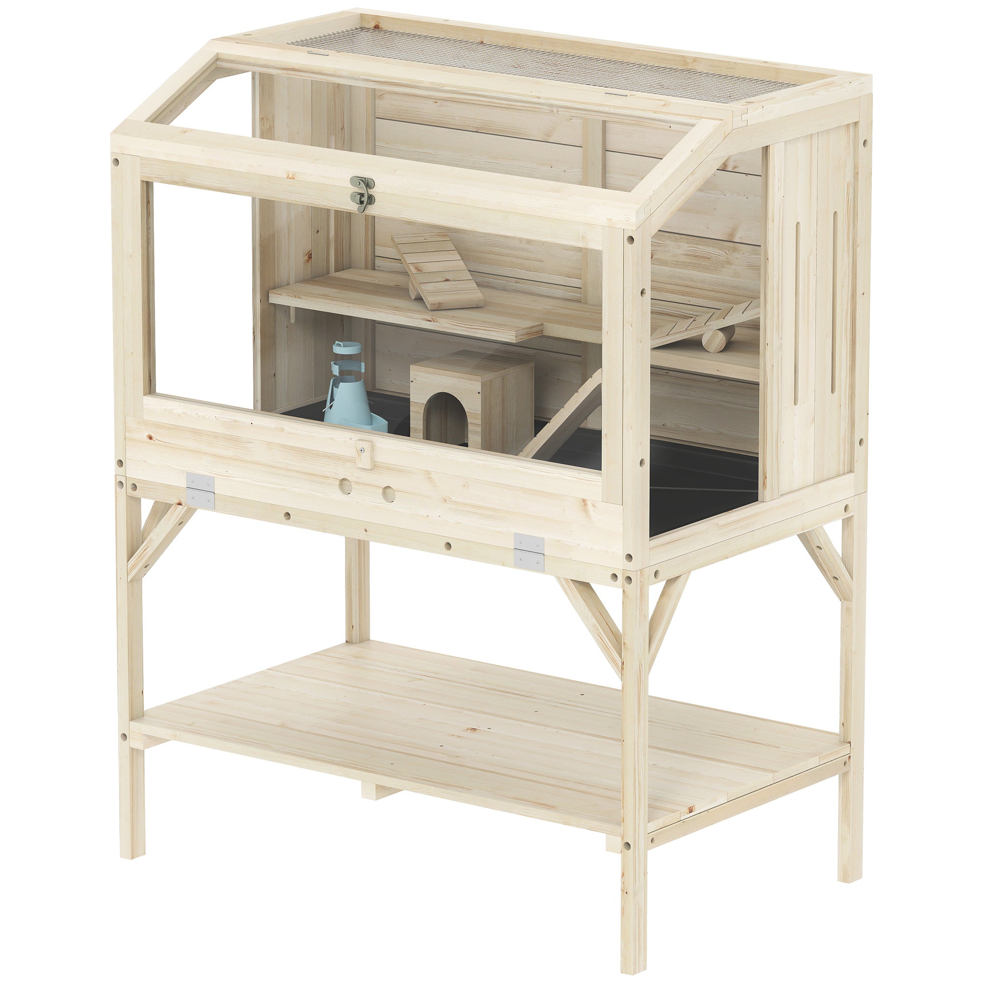 2-Tier Wooden Hamster Cage with Storage Compartment, Top-Opening Lid, Tray, Seesaws, Ramp, Gnaw-Proof Panels, Wheel & Hideout — 84 x 53 x 110 cm (33.1 x 20.9 x 43.3 in), Natural