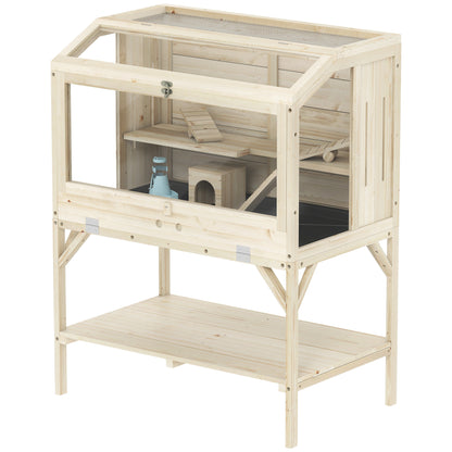 2-Tier Wooden Hamster Cage with Storage Compartment, Top-Opening Lid, Tray, Seesaws, Ramp, Gnaw-Proof Panels, Wheel & Hideout — 84 x 53 x 110 cm (33.1 x 20.9 x 43.3 in), Natural
