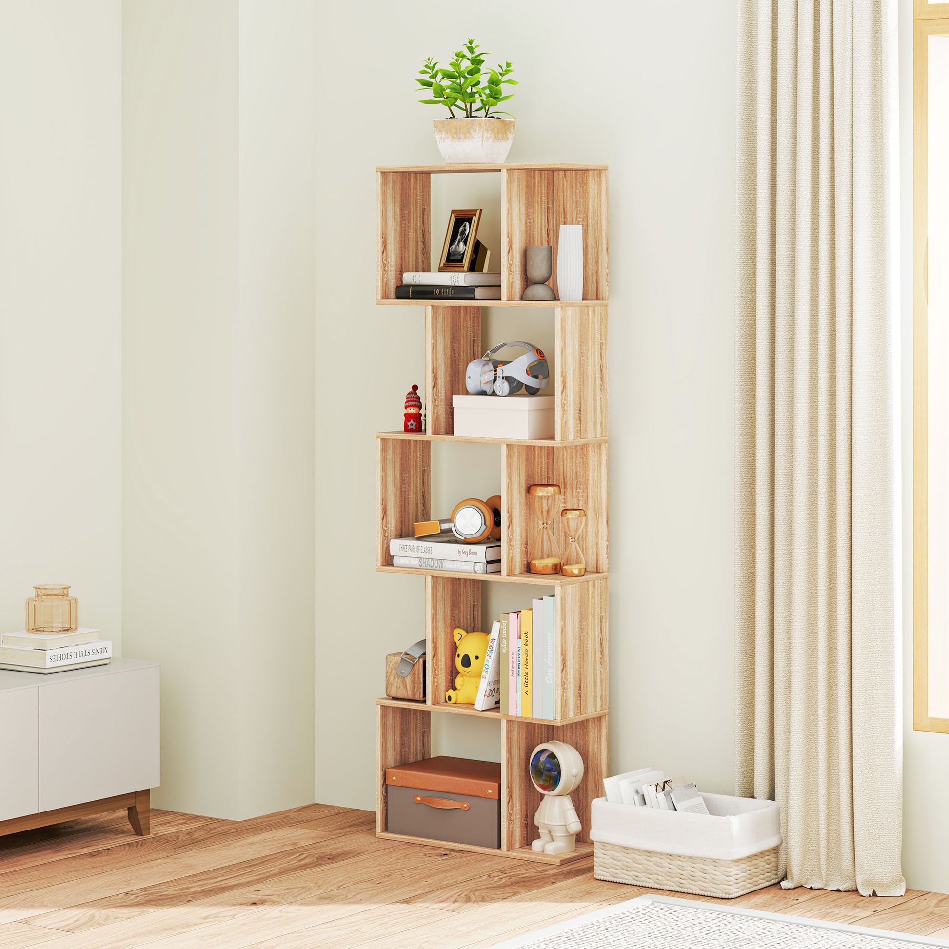 5-Tier Divided Bookshelf, Space-Saving S-Shaped Wood Bookcase, Divider Shelf for Living Room, Bedroom, and Office, 60x24x184.5 cm, Wood Color