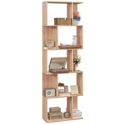 5-Tier Divided Bookshelf, Space-Saving S-Shaped Wood Bookcase, Divider Shelf for Living Room, Bedroom, and Office, 60x24x184.5 cm, Wood Color