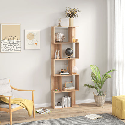 5-Tier Divided Bookshelf, Space-Saving S-Shaped Wood Bookcase, Divider Shelf for Living Room, Bedroom, and Office, 60x24x184.5 cm, Wood Color