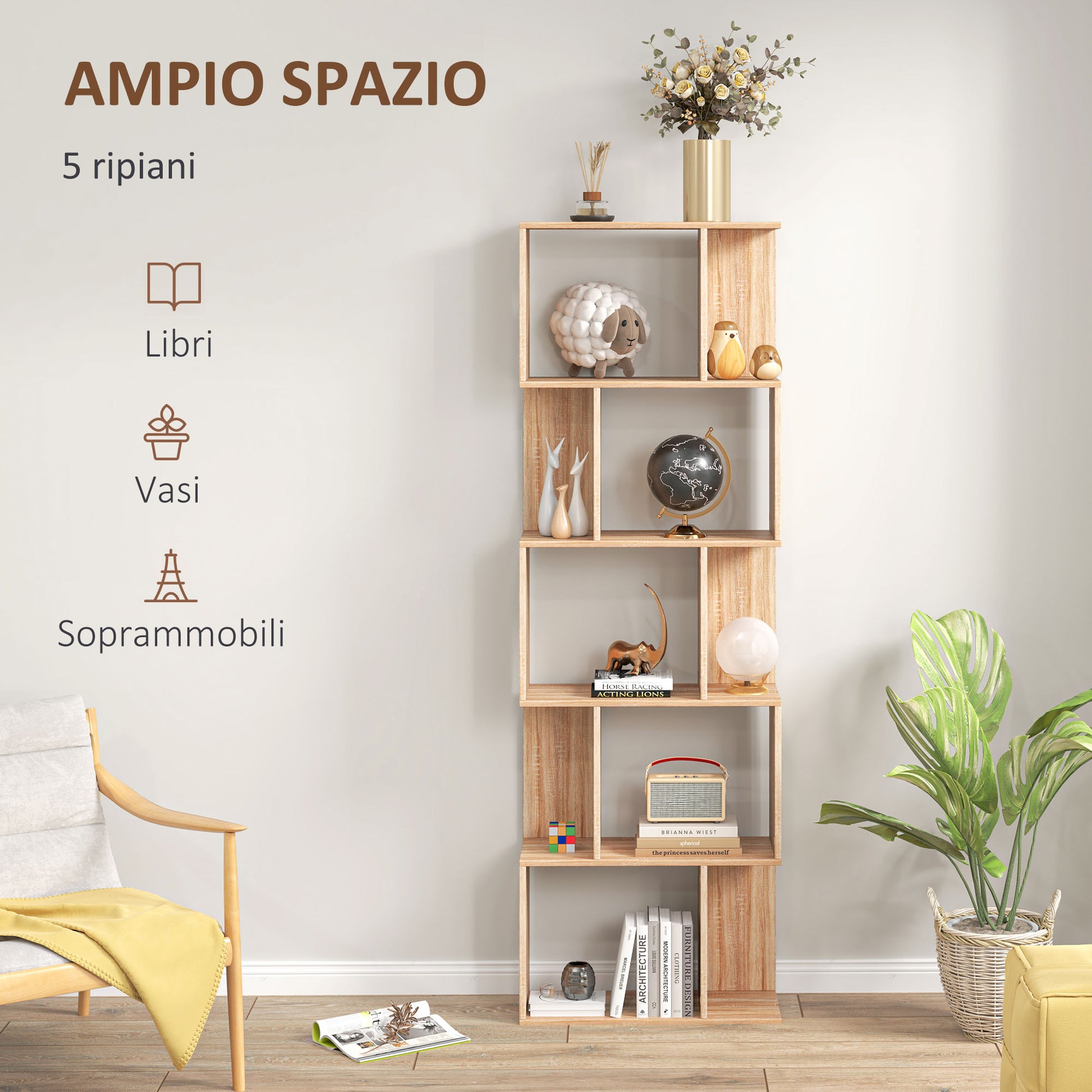 5-Tier Divided Bookshelf, Space-Saving S-Shaped Wood Bookcase, Divider Shelf for Living Room, Bedroom, and Office, 60x24x184.5 cm, Wood Color