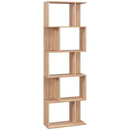 5-Tier Divided Bookshelf, Space-Saving S-Shaped Wood Bookcase, Divider Shelf for Living Room, Bedroom, and Office, 60x24x184.5 cm, Wood Color