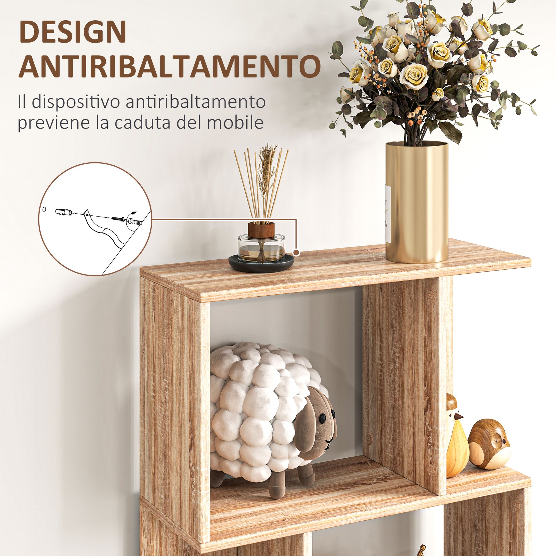 5-Tier Divided Bookshelf, Space-Saving S-Shaped Wood Bookcase, Divider Shelf for Living Room, Bedroom, and Office, 60x24x184.5 cm, Wood Color