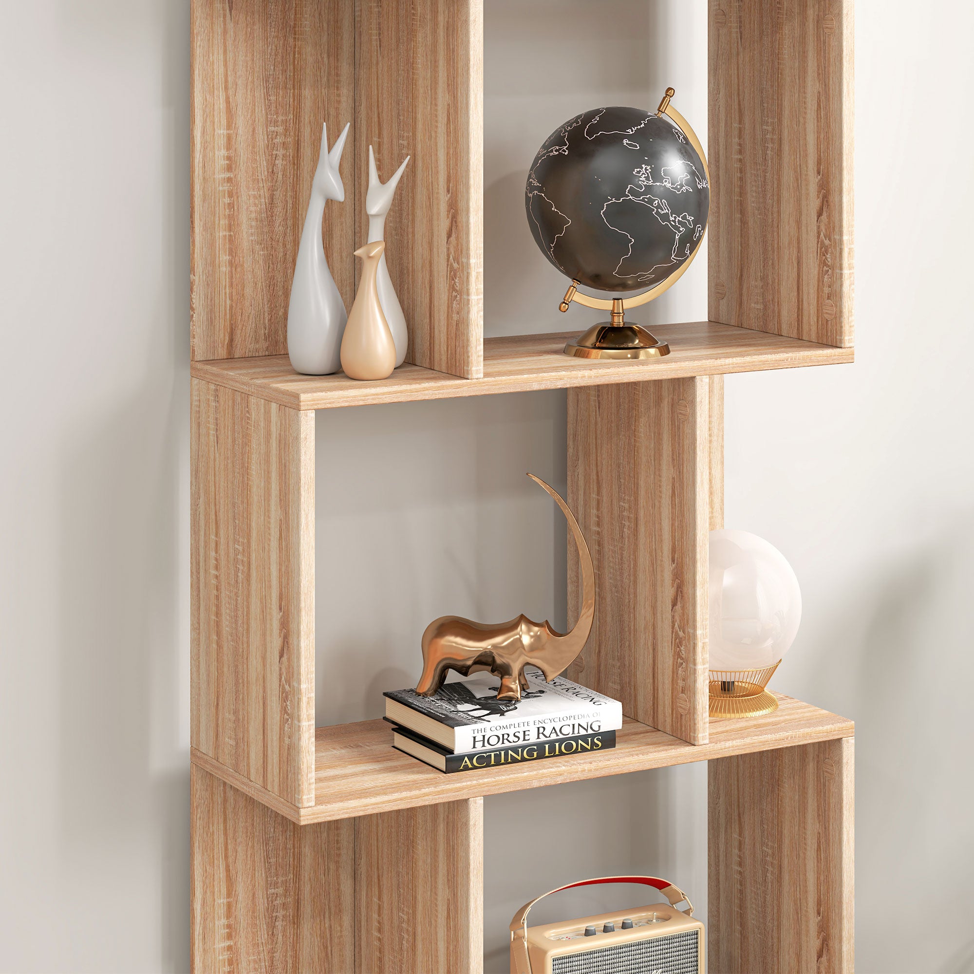 5-Tier Divided Bookshelf, Space-Saving S-Shaped Wood Bookcase, Divider Shelf for Living Room, Bedroom, and Office, 60x24x184.5 cm, Wood Color