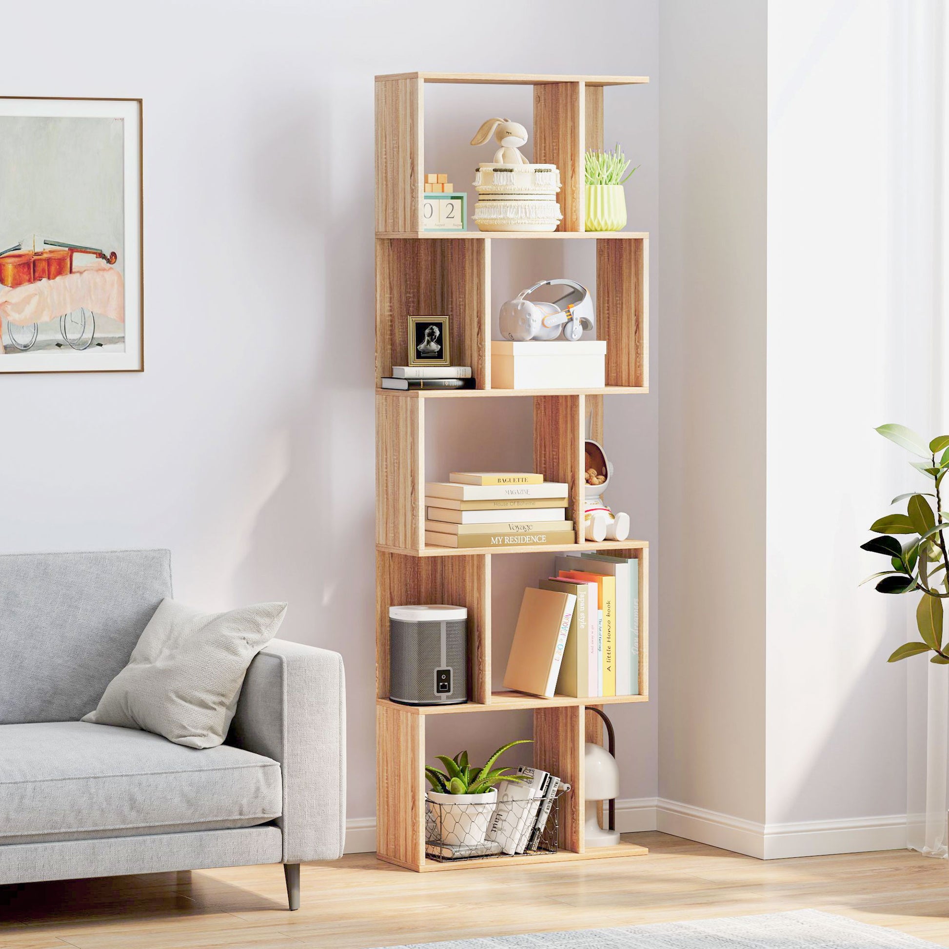 5-Tier Divided Bookshelf, Space-Saving S-Shaped Wood Bookcase, Divider Shelf for Living Room, Bedroom, and Office, 60x24x184.5 cm, Wood Color