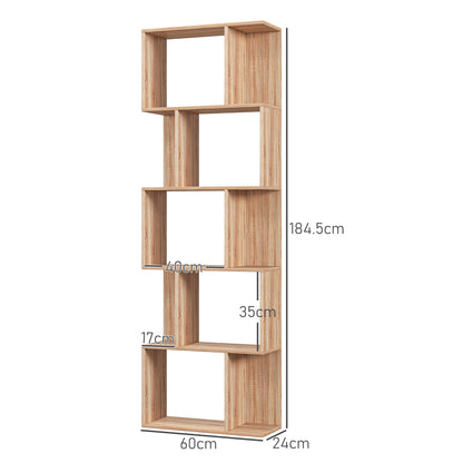 5-Tier Divided Bookshelf, Space-Saving S-Shaped Wood Bookcase, Divider Shelf for Living Room, Bedroom, and Office, 60x24x184.5 cm, Wood Color