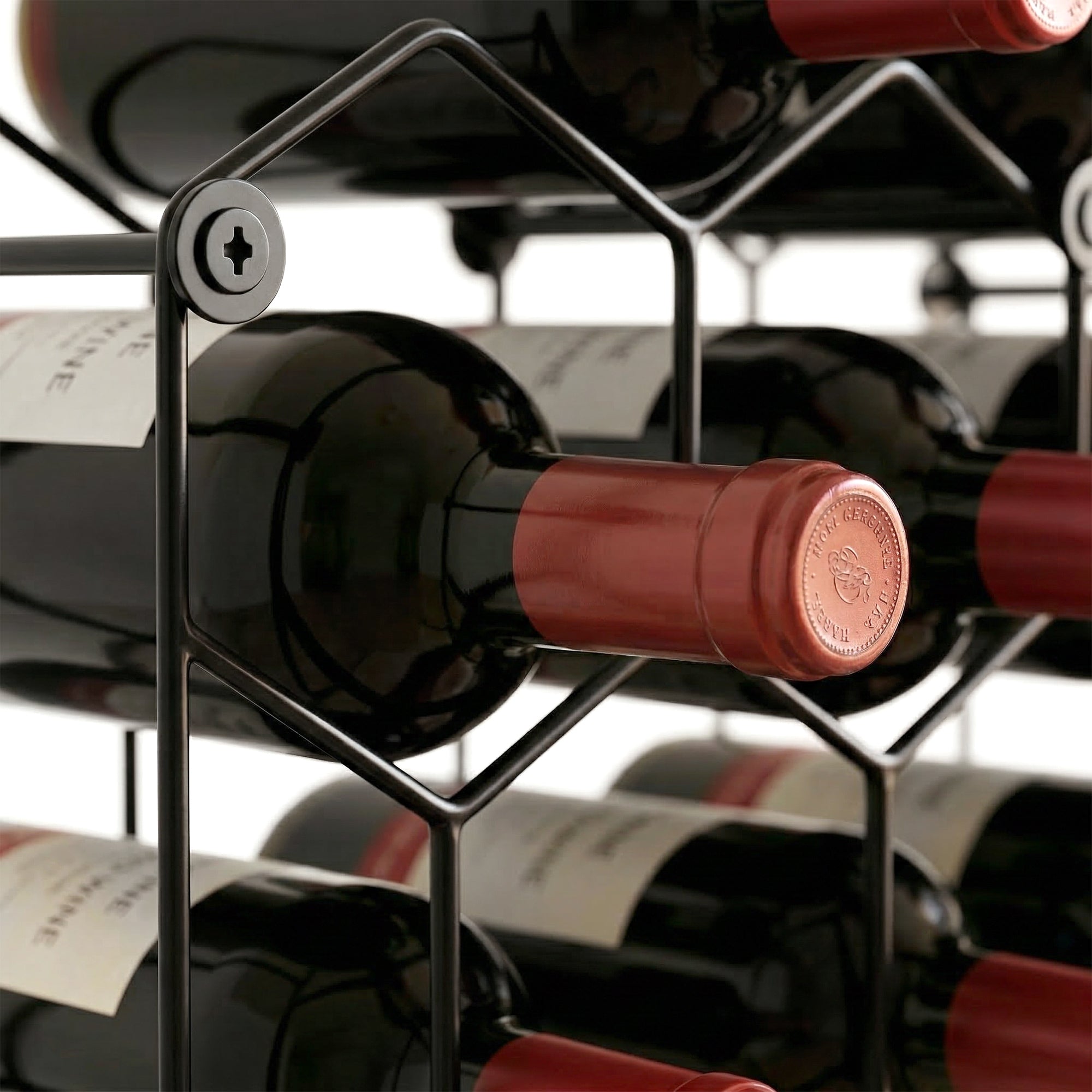 Industrial Honeycomb Wine Rack for 13 Bottles, Metal, Adjustable Feet & Anti-Tip Strap, Black