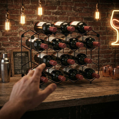Industrial Honeycomb Wine Rack for 13 Bottles, Metal, Adjustable Feet & Anti-Tip Strap, Black