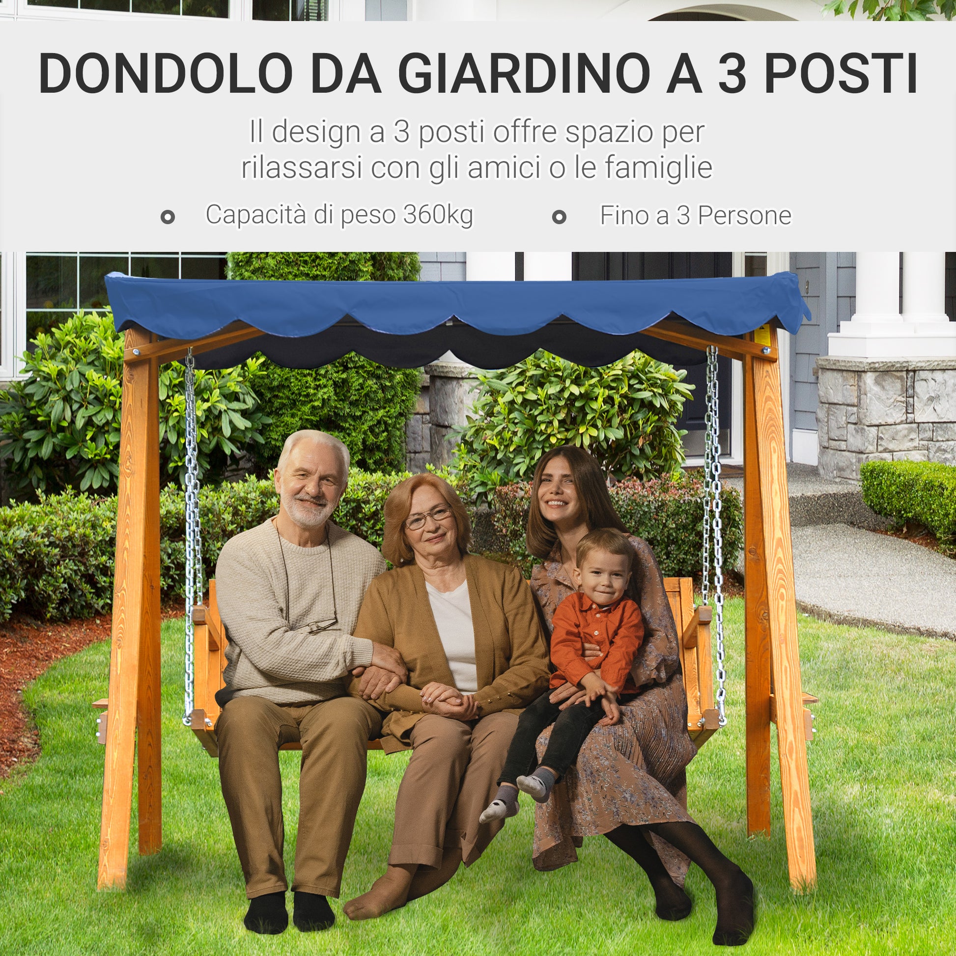 3-Seater Wooden Garden Swing with Canopy 210x 130x 185cm