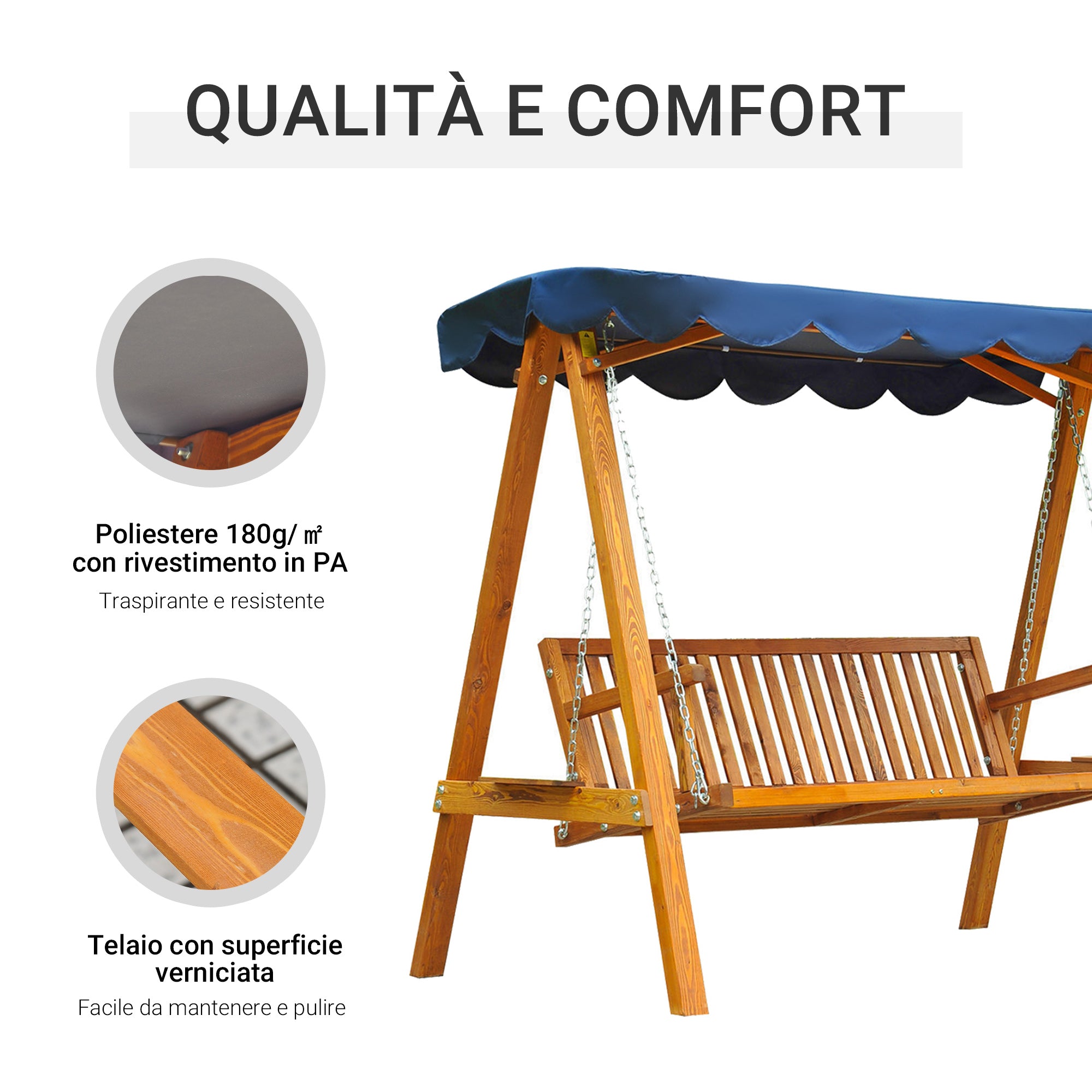 3-Seater Wooden Garden Swing with Canopy 210x 130x 185cm