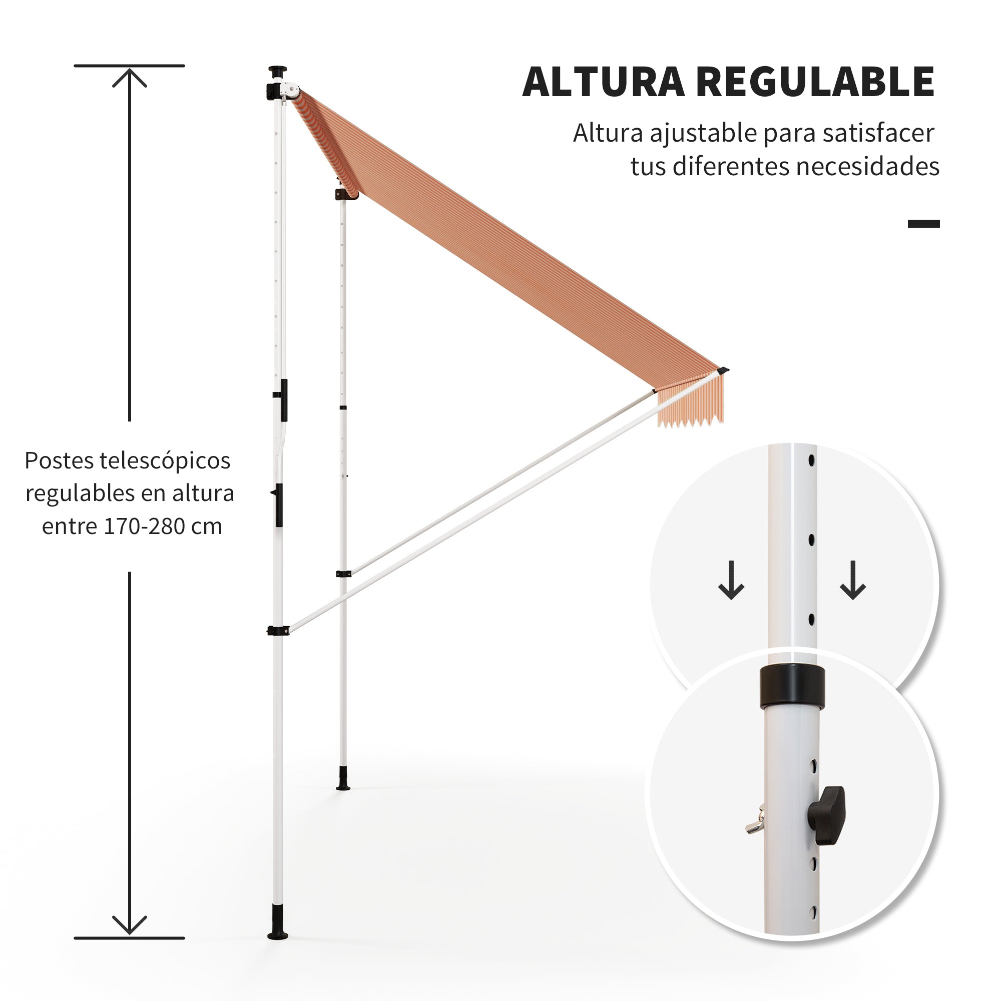 Retractable Manual Awning 3x1.5 m Outdoor Terrace Roll-Up Awning Adjustable Height with Crank 170-280 cm No Drill for Balcony Garden Orange