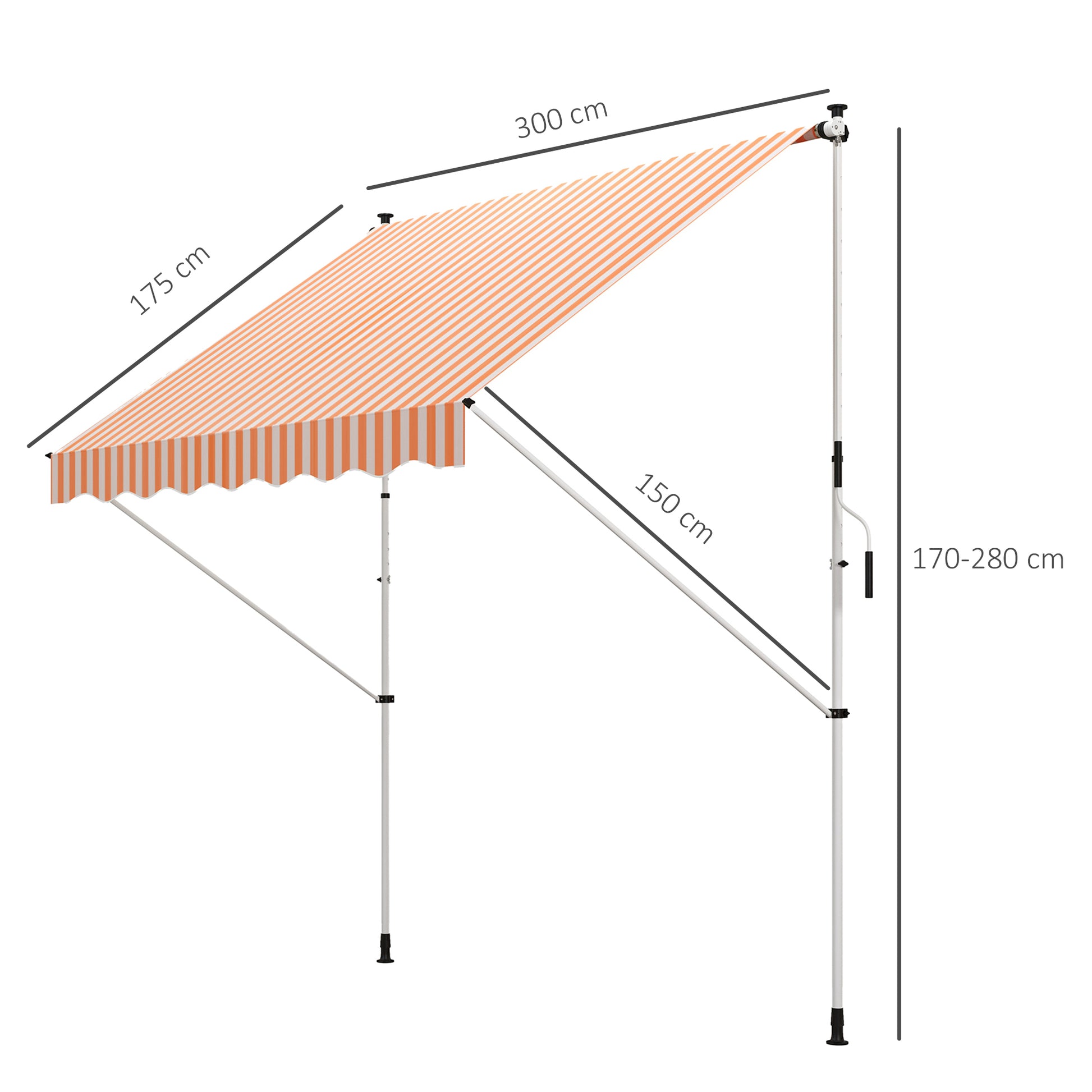 Retractable Manual Awning 3x1.5 m Outdoor Terrace Roll-Up Awning Adjustable Height with Crank 170-280 cm No Drill for Balcony Garden Orange