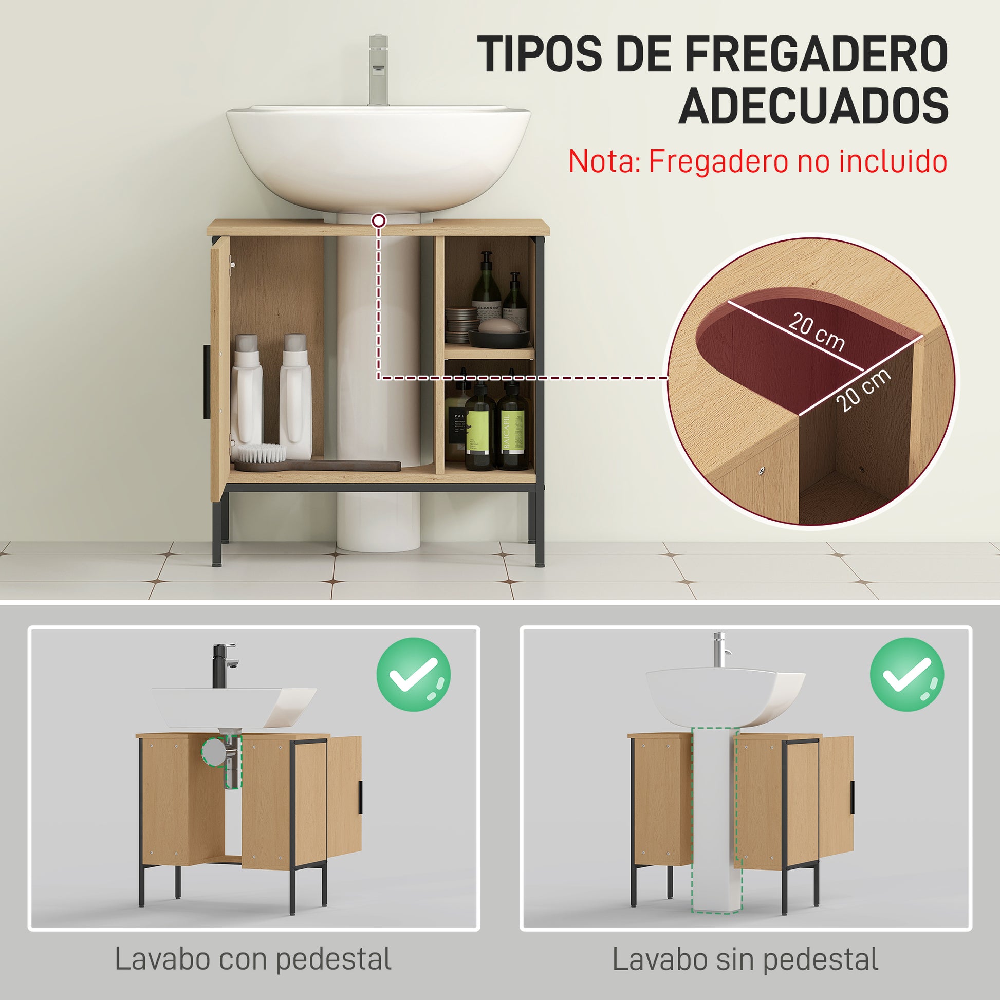 Under Sink Bathroom Cabinet with Door and Adjustable Shelf for Pedestal Sink 60x30x59.5 cm Oak