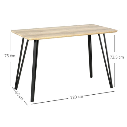 Industrial Design Dining Table Large Beveled Top 120L x 60W x 75H cm Black Metal Hairpin Legs Light Oak Grain MDF